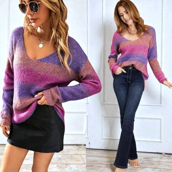 Purple Pink Ombre Rib-Knit V-Neck Knit Pullover Sweater NWT - Double Take - Picture 2 of 10